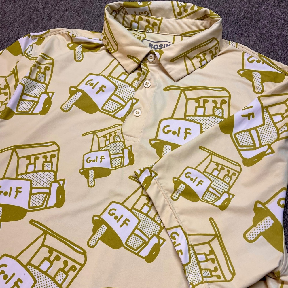 Sosik Mens Golf Cart Print Performance Polo Shirt Yellow‎ Green Large